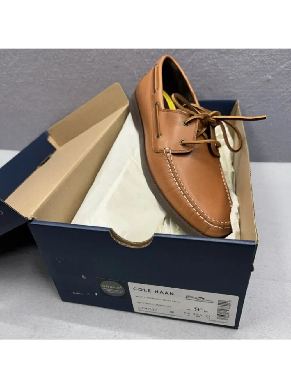 Cole Haan Grand+ Bowside Men 9.5 Boat Shoes Cognac Brown Leather Loafers C42132